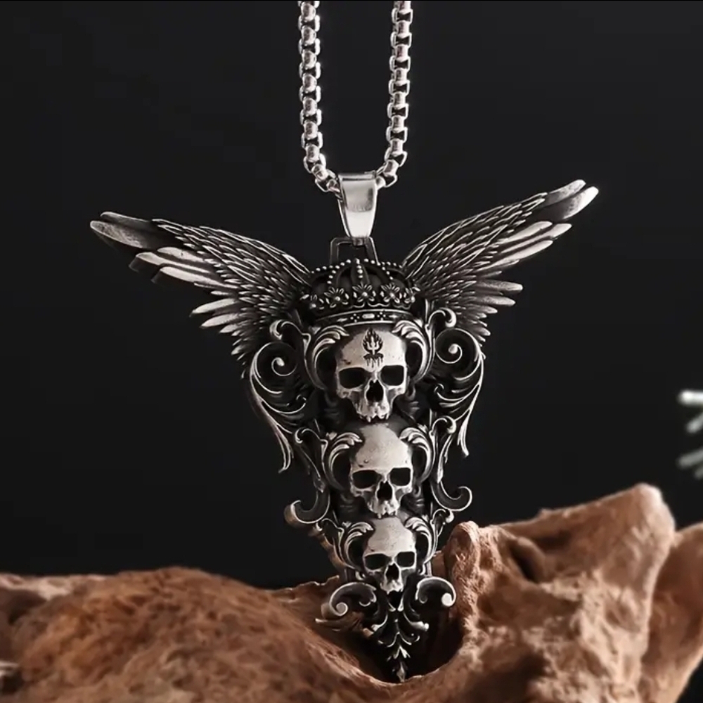 Triple Skull Wing Pendant Necklace